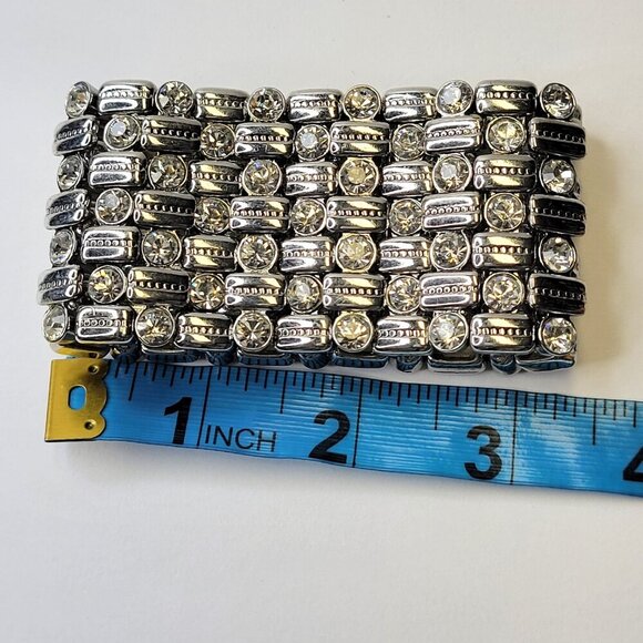Women's Crystal Silver Tone Wide Stretch Cuff Bracelet - Picture 8 of 10